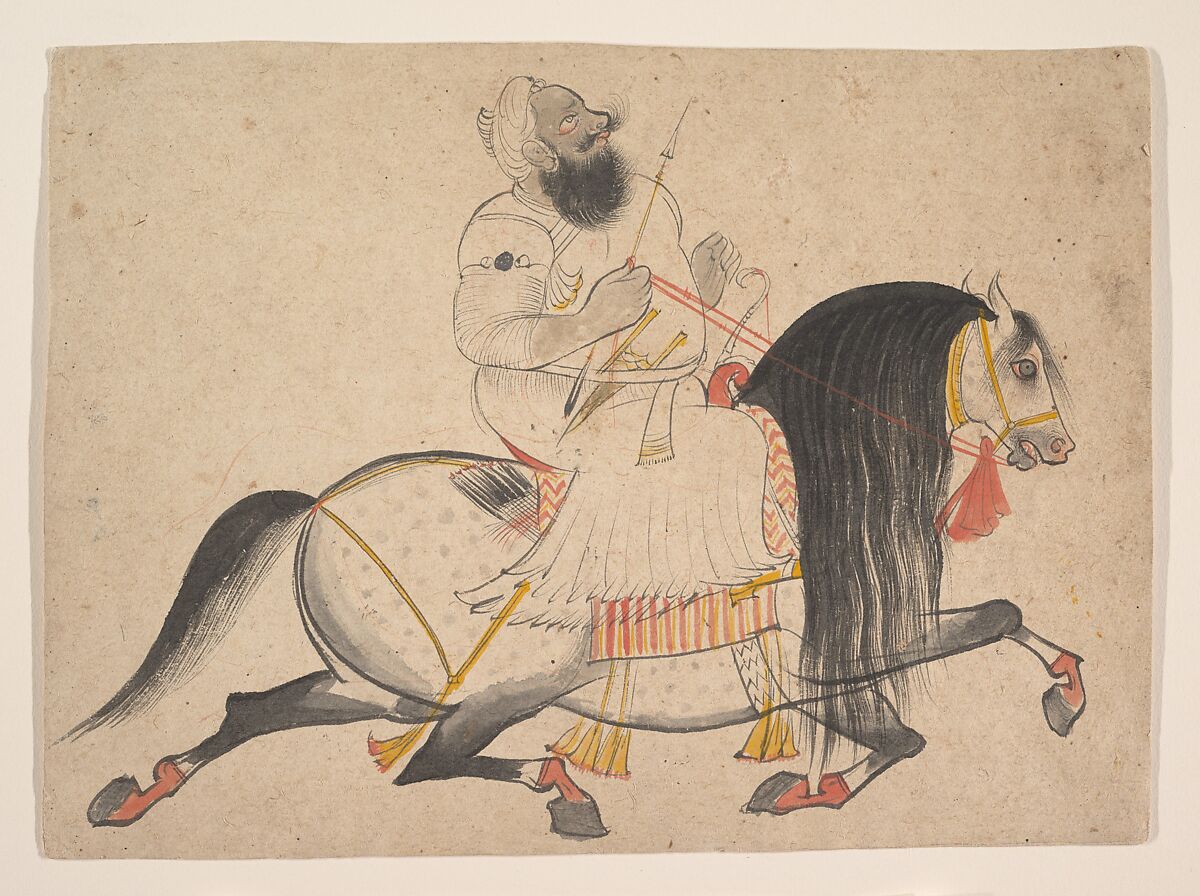 Equestrian Portrait of a Noble, Attributed to Bakhta, Ink and opaque watercolor on paper., India (Rajasthan, Devgarh) 