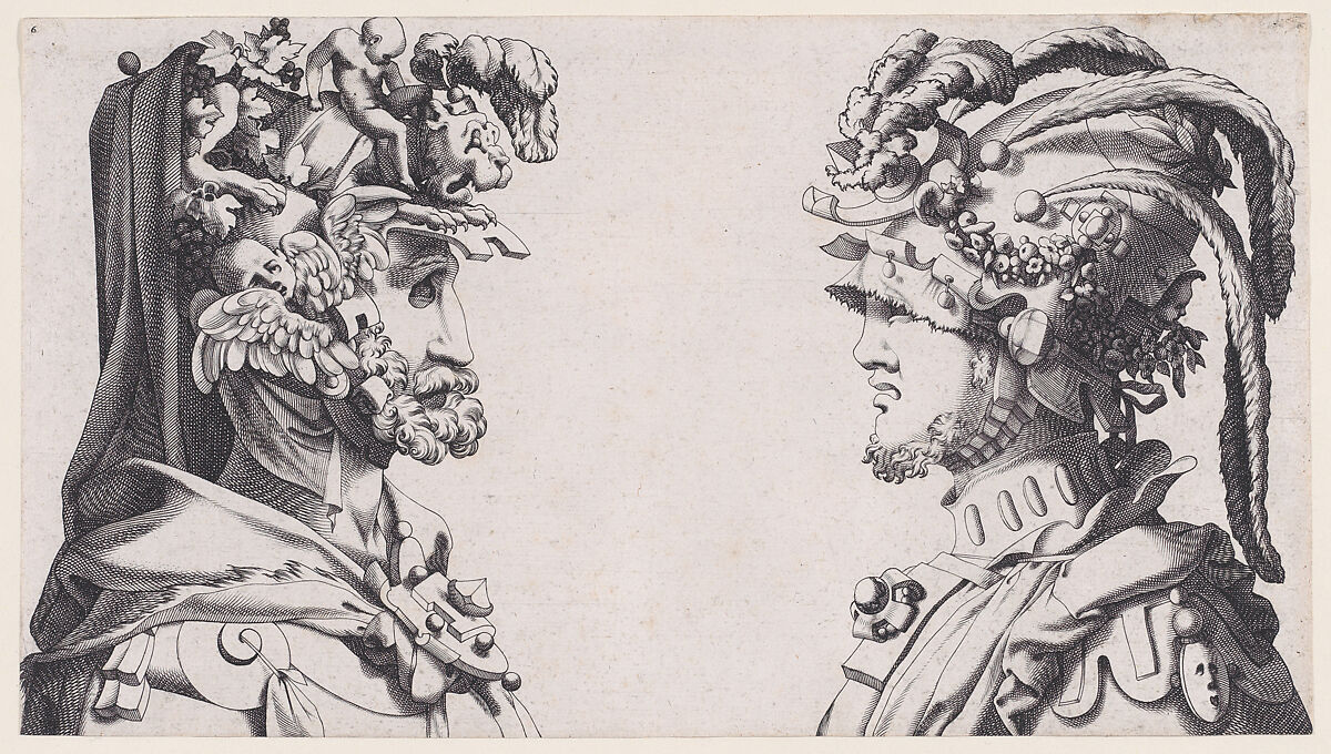 Fantastical Masked Masculine Heads, René Boyvin (French, Angers ca. 1525–1598 or 1625/6 Angers), Engraving; second state of two 
