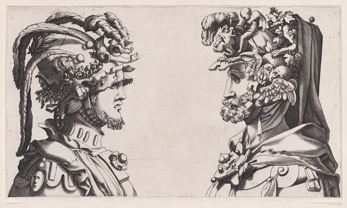 Fantastical Masked Masculine Heads, Anonymous, 16th century, Engraving; reverse copy 
