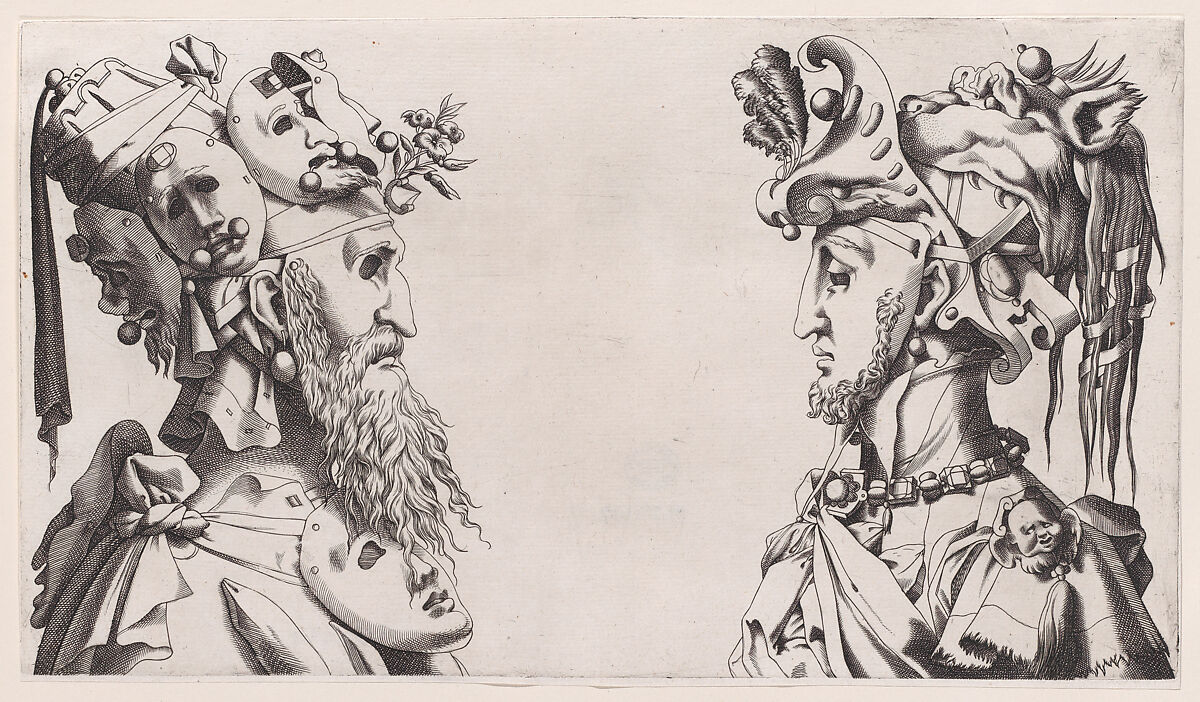 Two Fantastical Masked Masculine Heads, Anonymous, 16th century, Engraving; reverse copy 