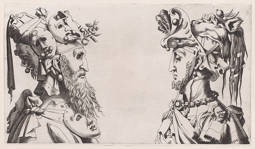 Two Fantastical Masked Masculine Heads