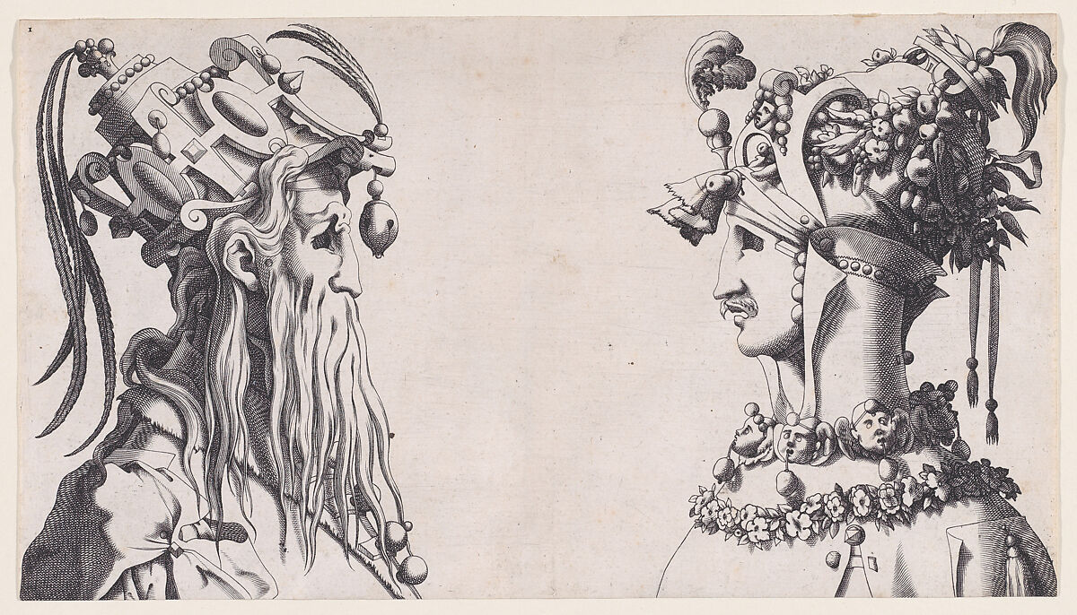 Fantastical Masked Masculine Heads, René Boyvin (French, Angers ca. 1525–1598 or 1625/6 Angers), Engraving; second state of two 