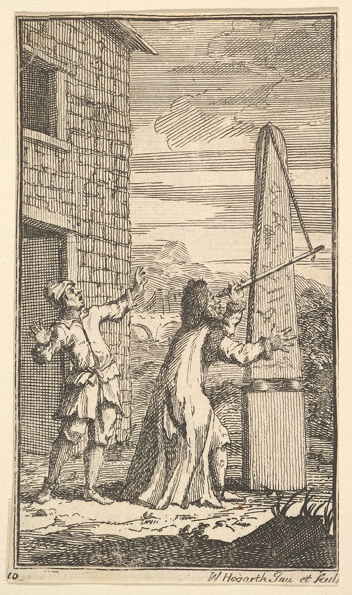 Sidrophel Examining the Kite Through His Telescope (Seventeen Small Illustrations for Samuel Butler's Hudibras, no. 10), William Hogarth (British, London 1697–1764 London), Etching and engraving 