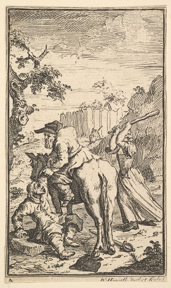 Trulla Attacking Hudibras (Seventeen Small Illustrations for Samuel Butler's Hudibras, no. 4), William Hogarth (British, London 1697–1764 London), Etching and engraving 