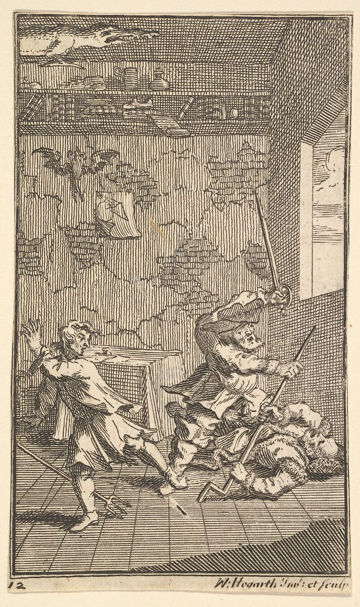Hudibras Beating Sidrophel and Whachum (Seventeen Small Illustrations for Samuel Butler's Hudibras, no. 12), William Hogarth (British, London 1697–1764 London), Etching and engraving 