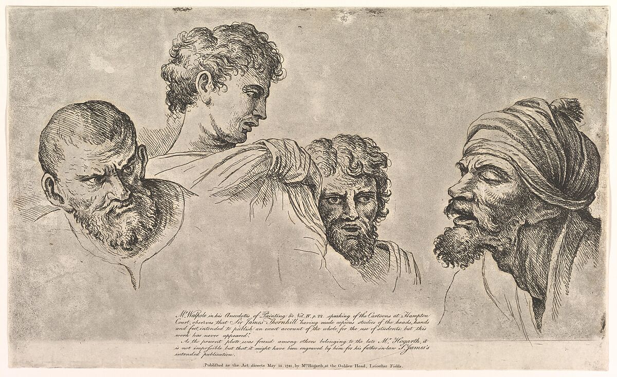 Four Heads From the Raphael Cartoons at Hampton Court, William Hogarth (British, London 1697–1764 London), Etching and aquatint; second state of two 