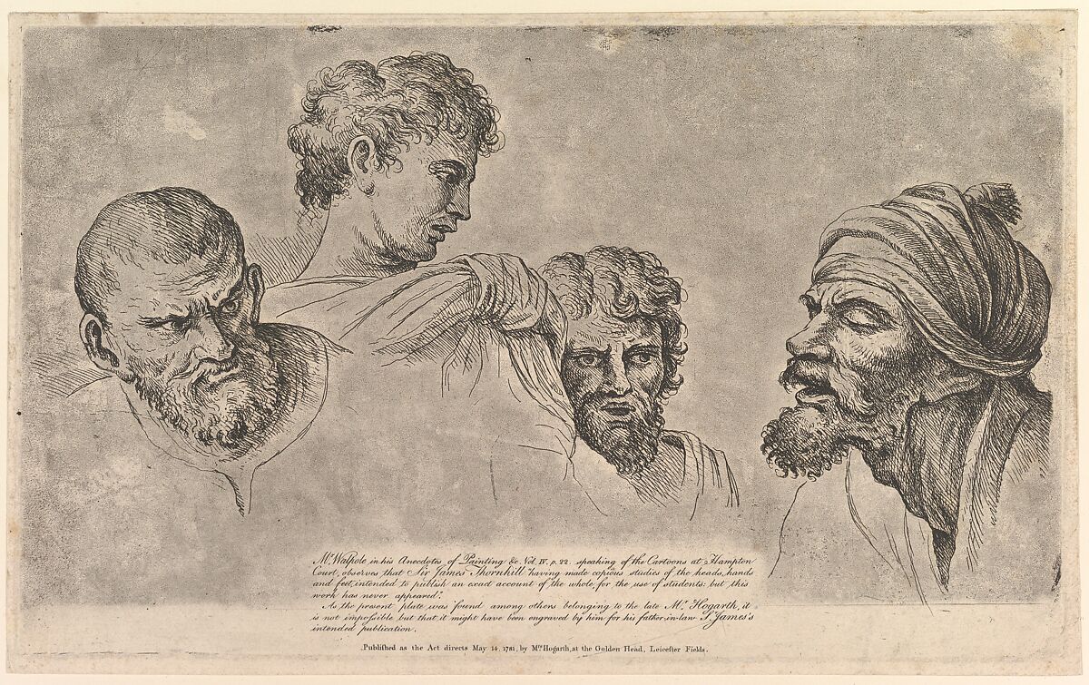 Four Heads From the Raphael Cartoons at Hampton Court, Possibly by William Hogarth (British, London 1697–1764 London), Etching and aquatint; second state of two 