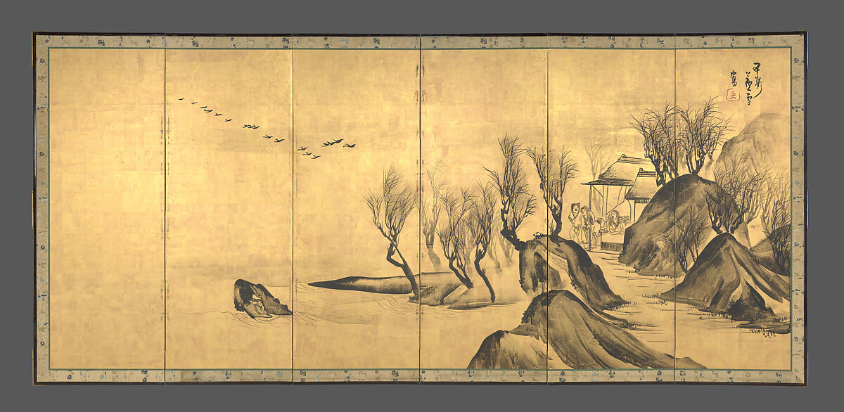 Landscapes with the Chinese Literati Su Shi and Tao Qian 

, Nagasawa Rosetsu 長澤蘆雪  Japanese, Pair of six-panel folding screens; ink and gold leaf on paper, Japan