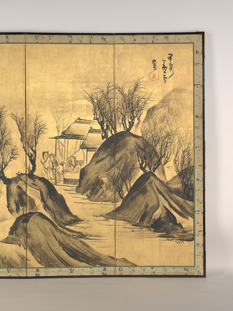 Landscapes with the Chinese Literati Su Shi and Tao Qian, Nagasawa Rosetsu (Japanese, 1754–1799), Pair of six-panel folding screens; ink and gold leaf on paper , Japan