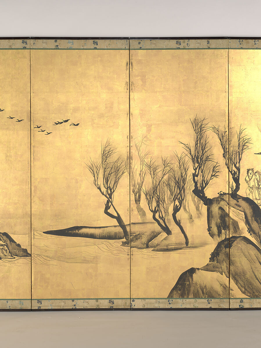 Landscapes with the Chinese Literati Su Shi and Tao Qian, Nagasawa Rosetsu (Japanese, 1754–1799), Pair of six-panel folding screens; ink and gold leaf on paper , Japan