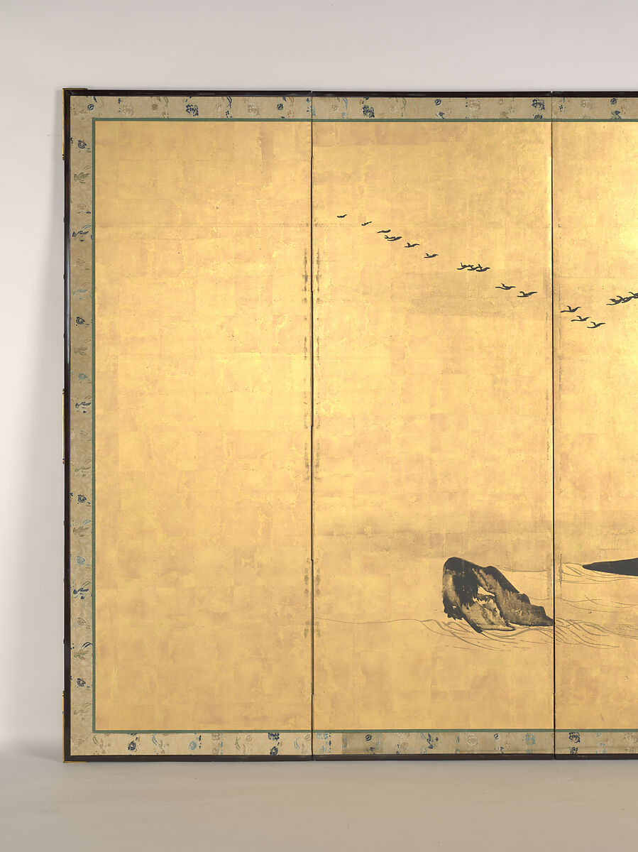 Landscapes with the Chinese Literati Su Shi and Tao Qian, Nagasawa Rosetsu (Japanese, 1754–1799), Pair of six-panel folding screens; ink and gold leaf on paper , Japan