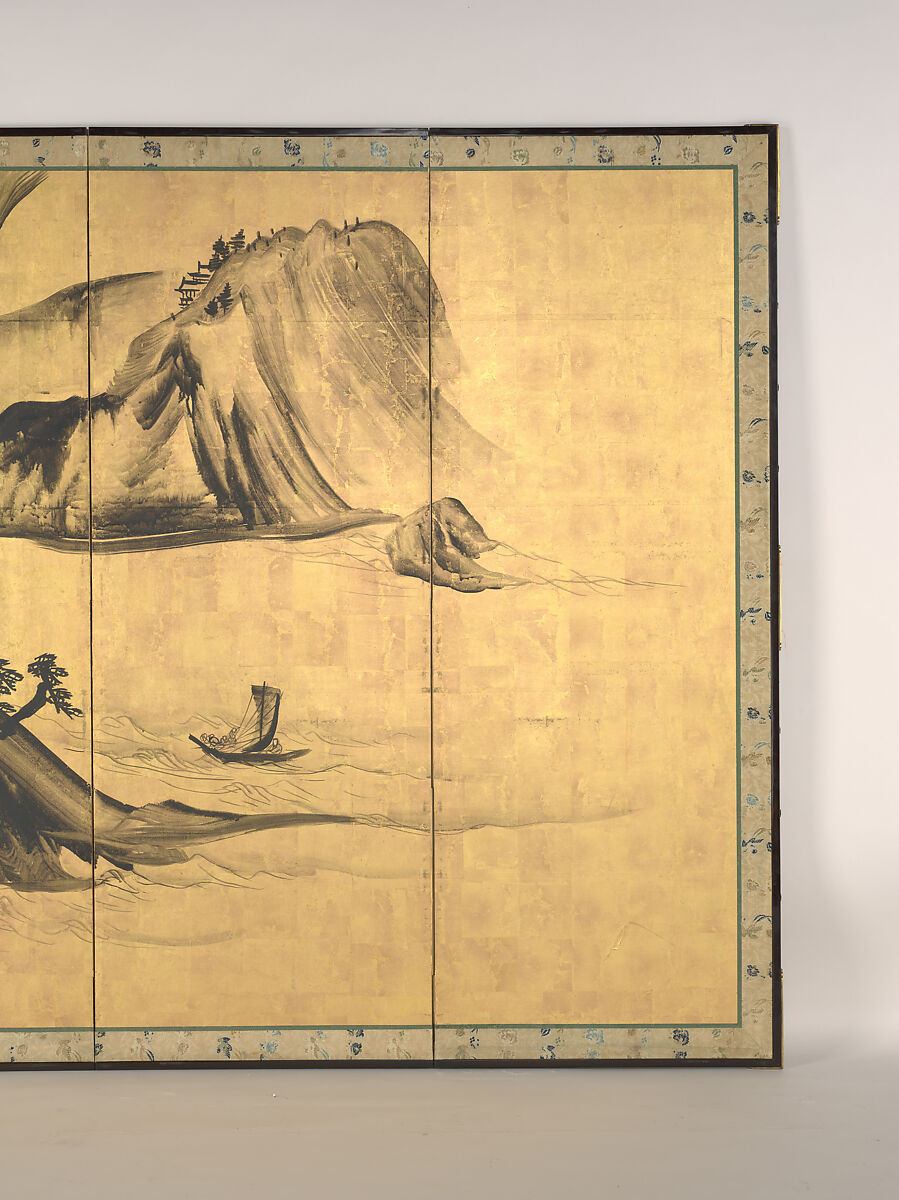 Landscapes with the Chinese Literati Su Shi and Tao Qian, Nagasawa Rosetsu (Japanese, 1754–1799), Pair of six-panel folding screens; ink and gold leaf on paper , Japan