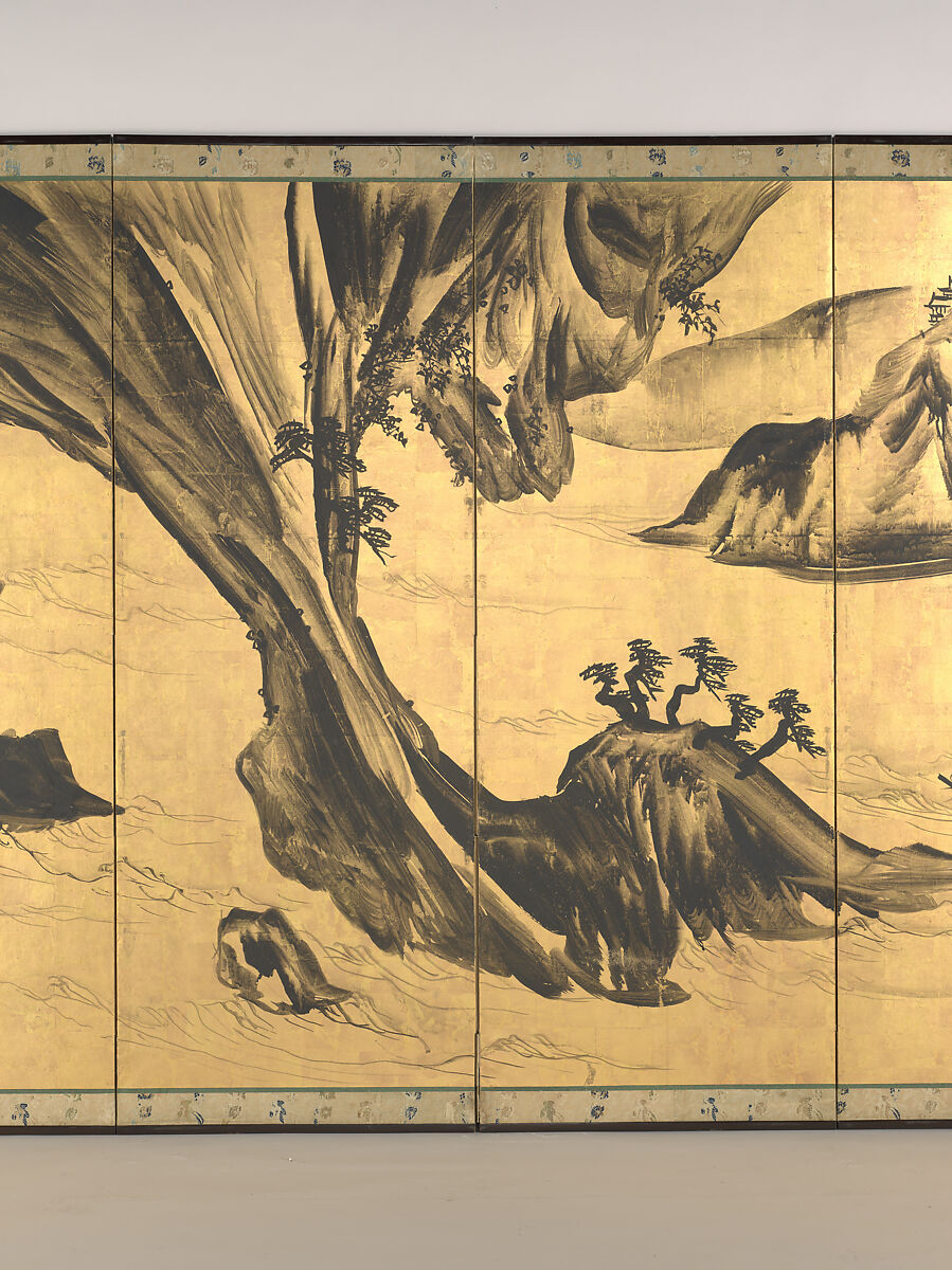 Landscapes with the Chinese Literati Su Shi and Tao Qian, Nagasawa Rosetsu (Japanese, 1754–1799), Pair of six-panel folding screens; ink and gold leaf on paper , Japan