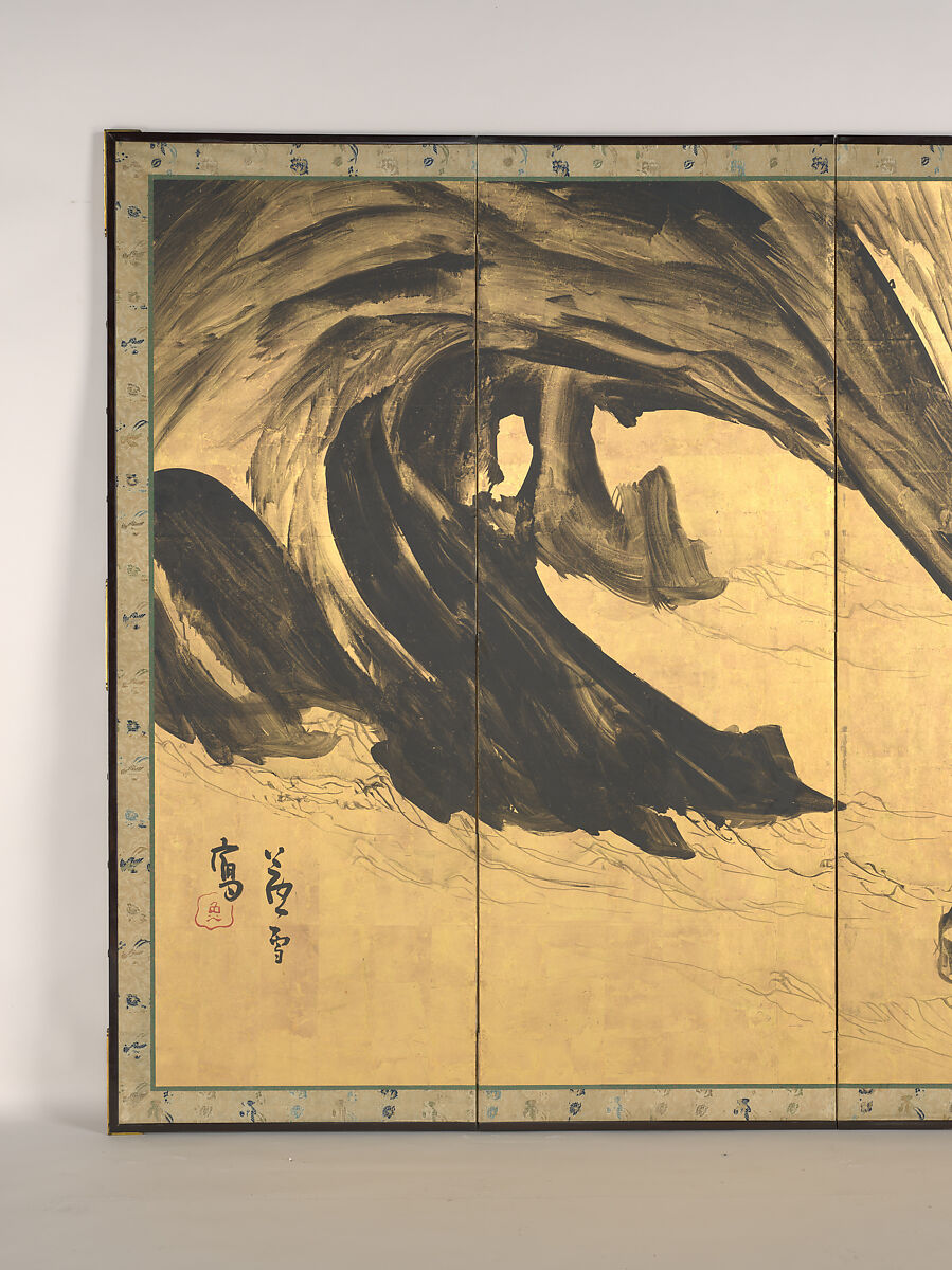 Landscapes with the Chinese Literati Su Shi and Tao Qian, Nagasawa Rosetsu (Japanese, 1754–1799), Pair of six-panel folding screens; ink and gold leaf on paper , Japan