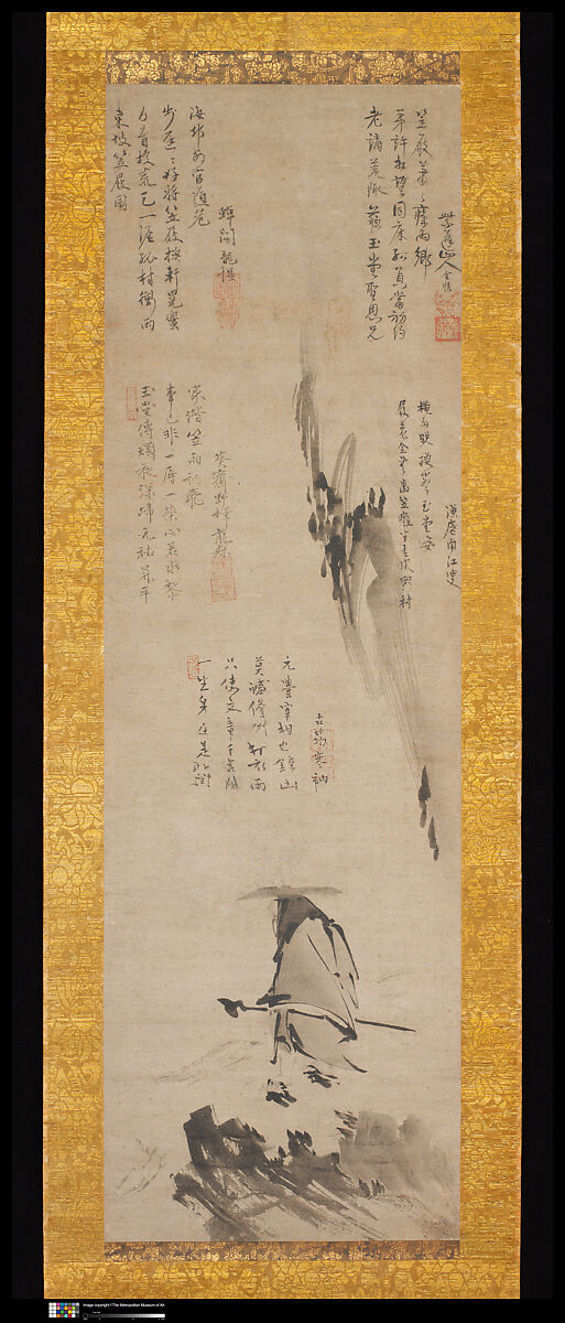 Su Shi (Dongpo) in a Bamboo Hat and Clogs, Inscribed by Zuigan Ryūsei (Japanese, 1384–1460), Hanging scroll; ink on paper, Japan 