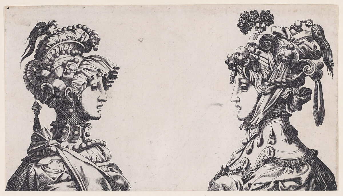 Fantastical Masked Female Heads, René Boyvin (French, Angers ca. 1525–1598 or 1625/6 Angers), Engraving; second state of two 