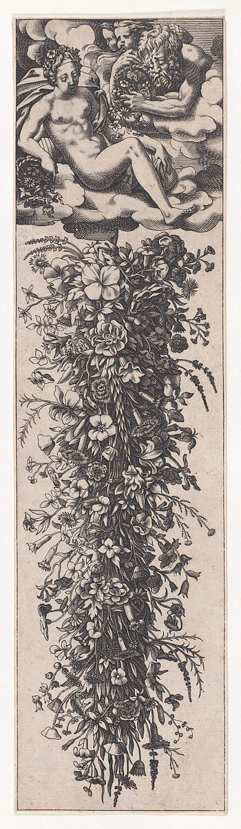 Flora Receiving Flowers and Festoon of Flowers, from "Dessins d'aiguières, etc., no. 5", René Boyvin (French, Angers ca. 1525–1598 or 1625/6 Angers), Engraving; first state of two 