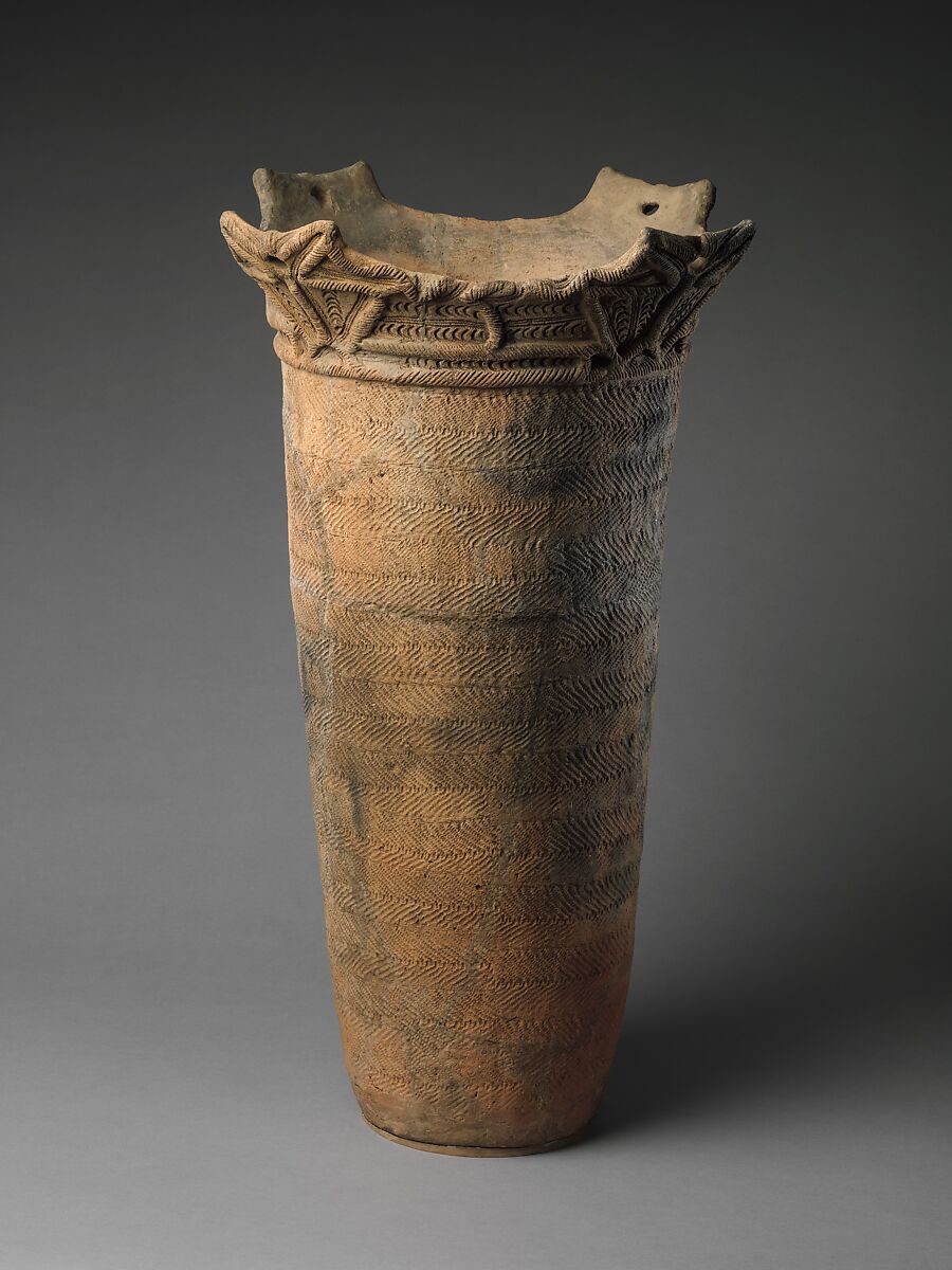 Deep Cylindrical Vessel (Fukabachi), Earthenware with cord-marked decoration and sculptural rim, Japan