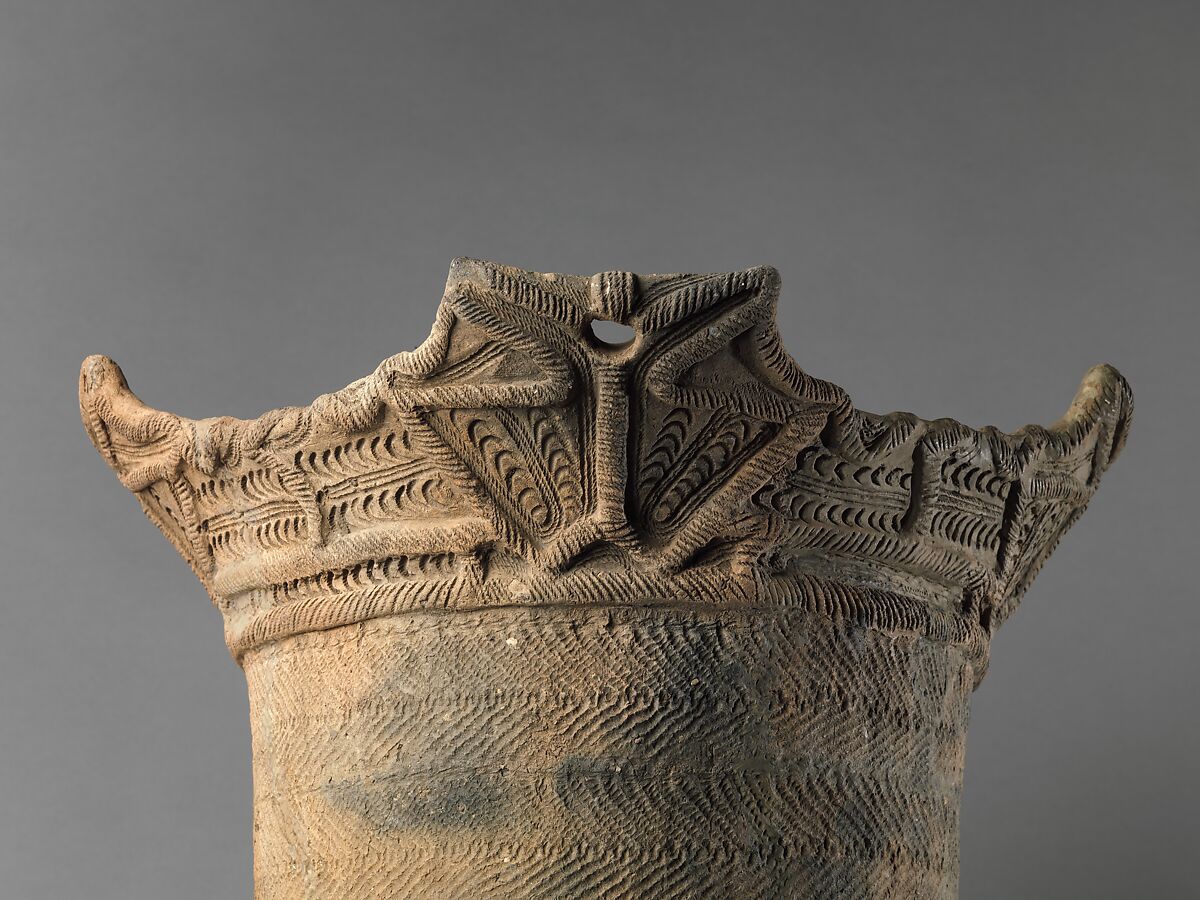 Deep Cylindrical Vessel (Fukabachi), Earthenware with cord-marked decoration and sculptural rim, Japan