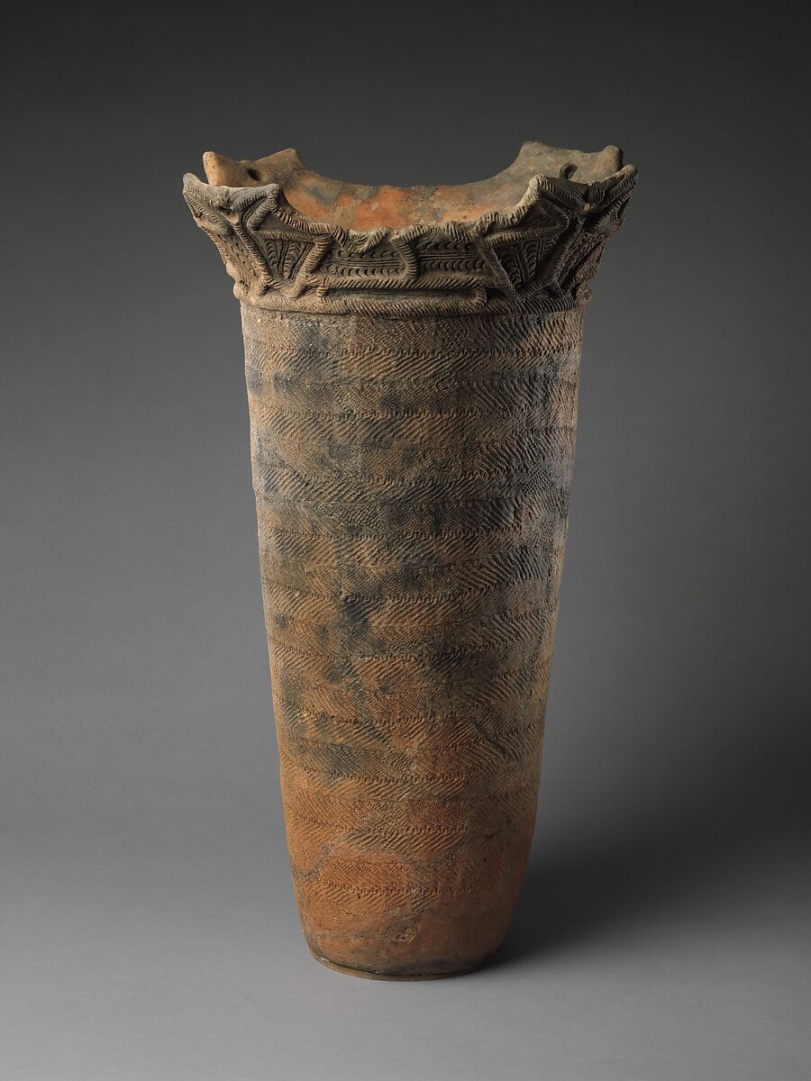 Deep Cylindrical Vessel (Fukabachi), Earthenware with cord-marked decoration and sculptural rim, Japan