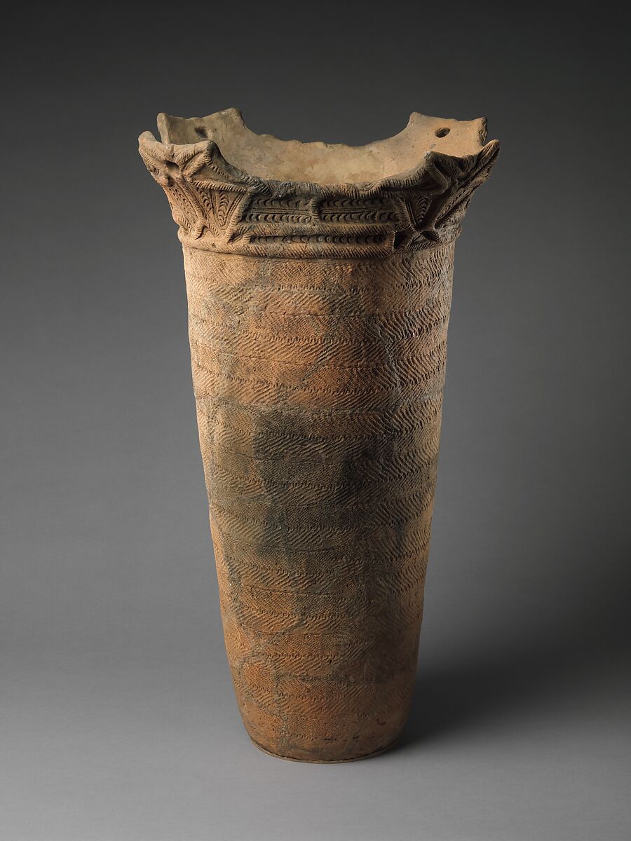 Deep Cylindrical Vessel (Fukabachi), Earthenware with cord-marked decoration and sculptural rim, Japan