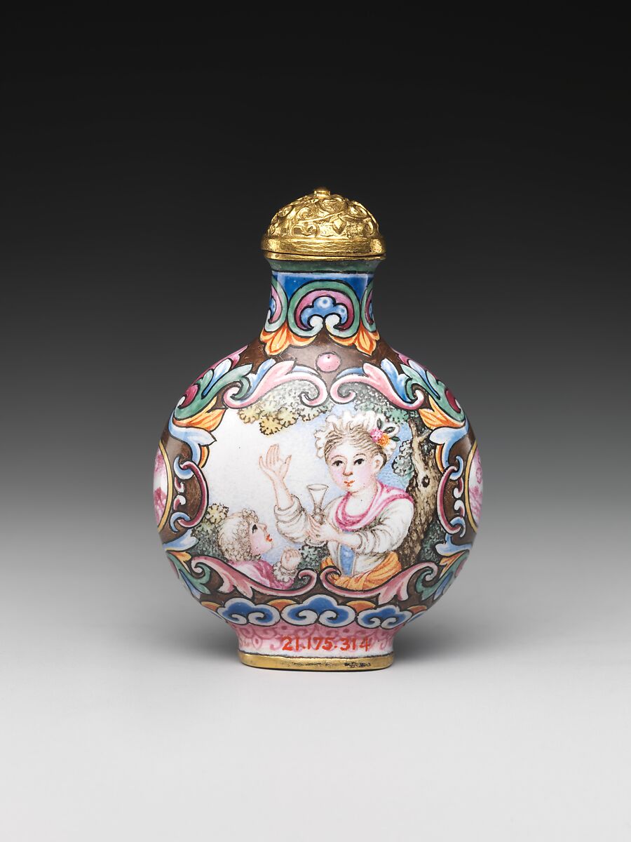 Snuff Bottle with European Woman and Child, Painted enamel on copper, China