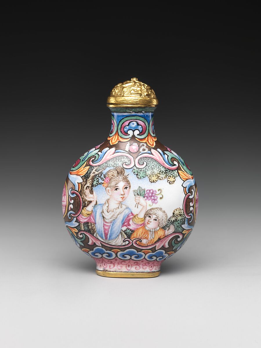 Snuff Bottle with European Woman and Child, Painted enamel on copper, China 