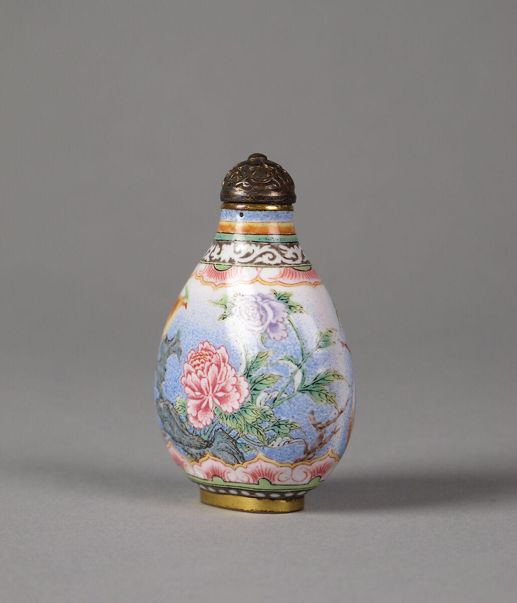 Snuff Bottle with Peony and Bird, Painted enamel on copper, China