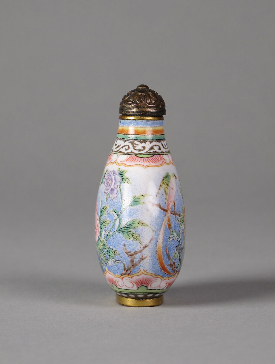 Snuff Bottle with Peony and Bird, Painted enamel on copper, China