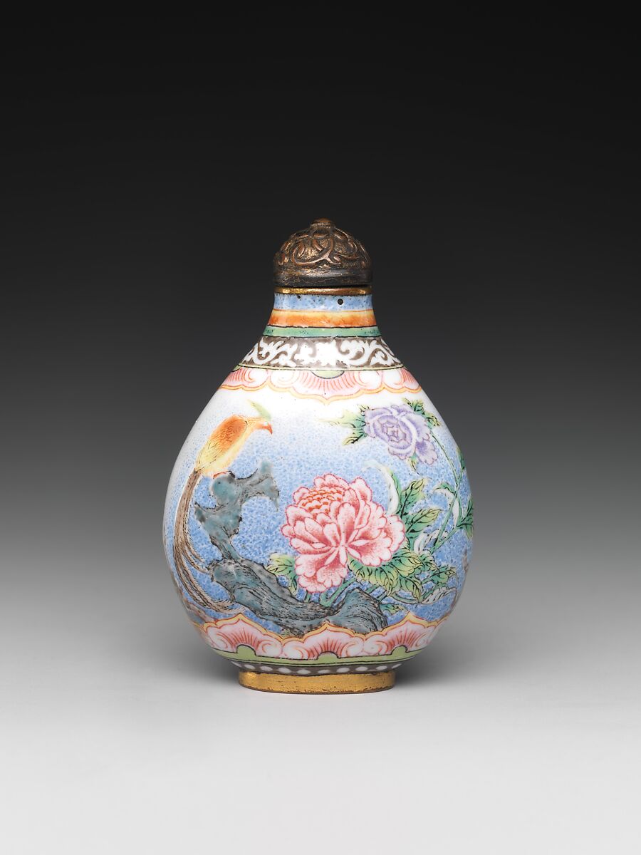 Snuff Bottle with Peony and Bird, Painted enamel on copper, China
