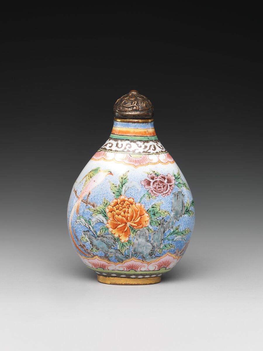 Snuff Bottle with Peony and Bird, Painted enamel on copper, China 