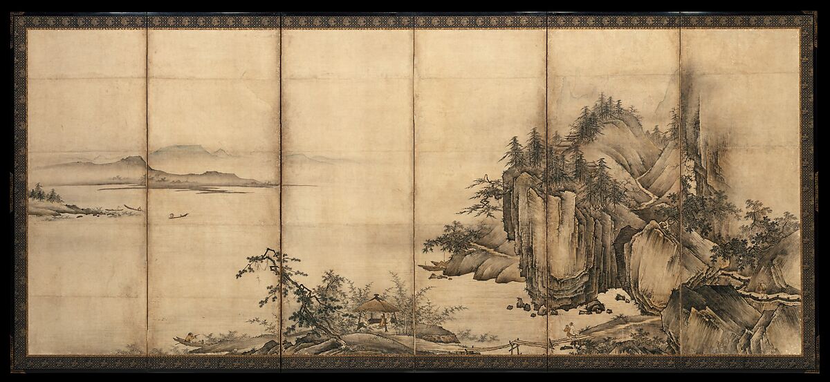 Landscape of the Four Seasons, Attributed to Kano Chōkichi (Japanese, active mid–16th century), Pair of six-panel folding screens; ink and color on paper, Japan 