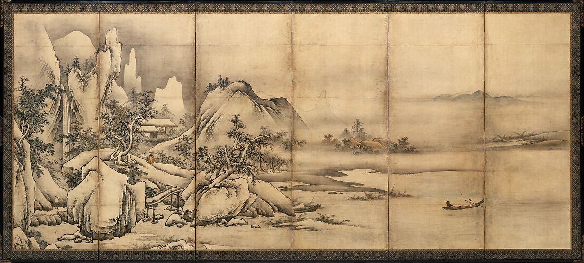 Landscape of the Four Seasons, Attributed to Kano Chōkichi (Japanese, active mid–16th century), Pair of six-panel folding screens; ink and color on paper, Japan