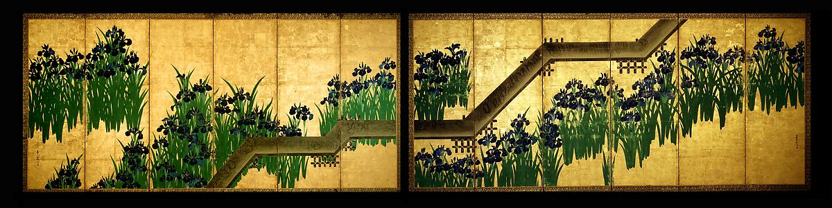 Irises at Yatsuhashi (Eight Bridges), Ogata Kōrin (Japanese, 1658–1716), Pair of six-panel folding screens; ink and color on gold leaf on paper , Japan