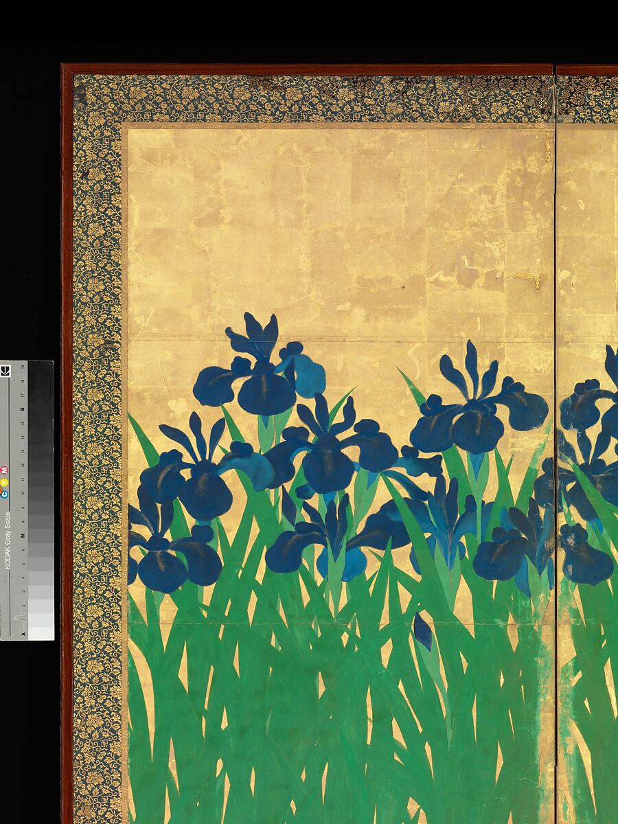 Irises at Yatsuhashi (Eight Bridges), Ogata Kōrin (Japanese, 1658–1716), Pair of six-panel folding screens; ink and color on gold leaf on paper , Japan
