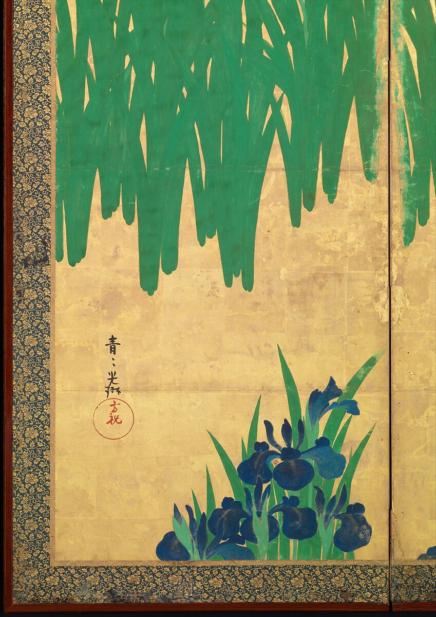Irises at Yatsuhashi (Eight Bridges), Ogata Kōrin (Japanese, 1658–1716), Pair of six-panel folding screens; ink and color on gold leaf on paper , Japan