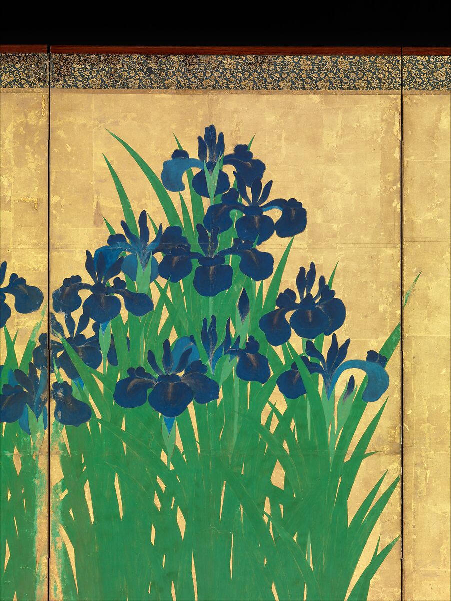 Irises at Yatsuhashi (Eight Bridges), Ogata Kōrin (Japanese, 1658–1716), Pair of six-panel folding screens; ink and color on gold leaf on paper , Japan