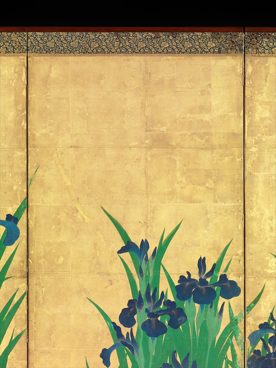 Irises at Yatsuhashi (Eight Bridges), Ogata Kōrin (Japanese, 1658–1716), Pair of six-panel folding screens; ink and color on gold leaf on paper , Japan