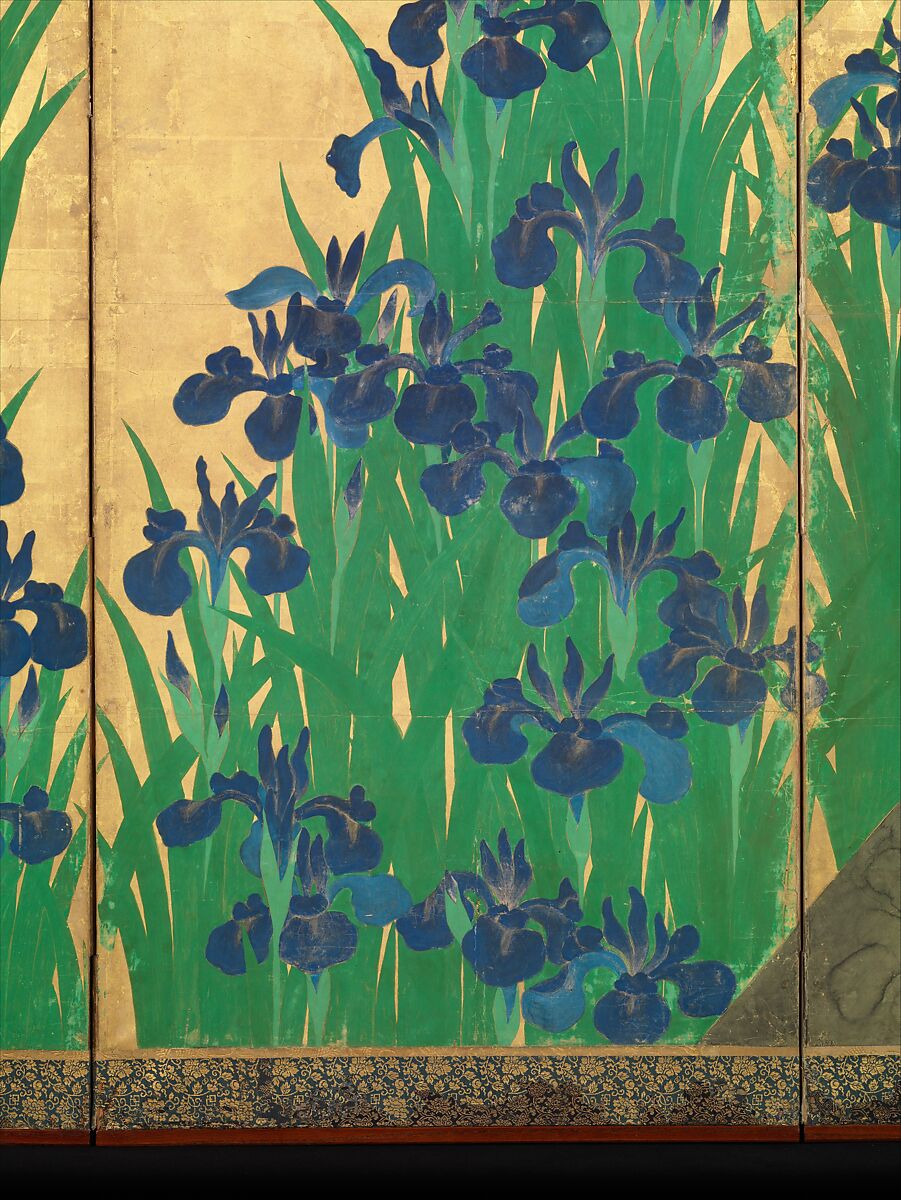 Irises at Yatsuhashi (Eight Bridges), Ogata Kōrin (Japanese, 1658–1716), Pair of six-panel folding screens; ink and color on gold leaf on paper , Japan