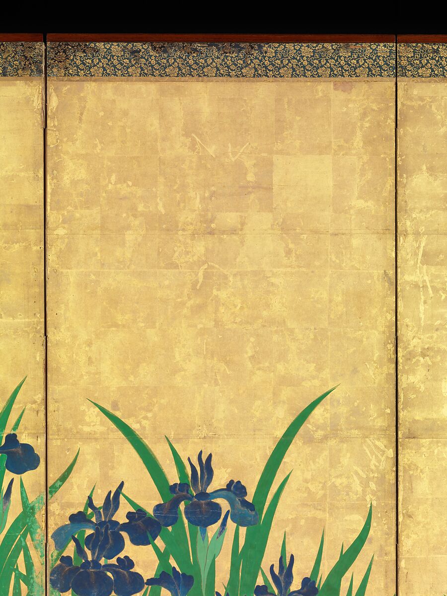 Irises at Yatsuhashi (Eight Bridges), Ogata Kōrin (Japanese, 1658–1716), Pair of six-panel folding screens; ink and color on gold leaf on paper , Japan