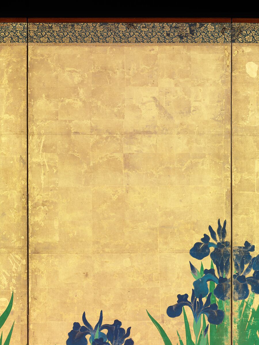 Irises at Yatsuhashi (Eight Bridges), Ogata Kōrin (Japanese, 1658–1716), Pair of six-panel folding screens; ink and color on gold leaf on paper , Japan