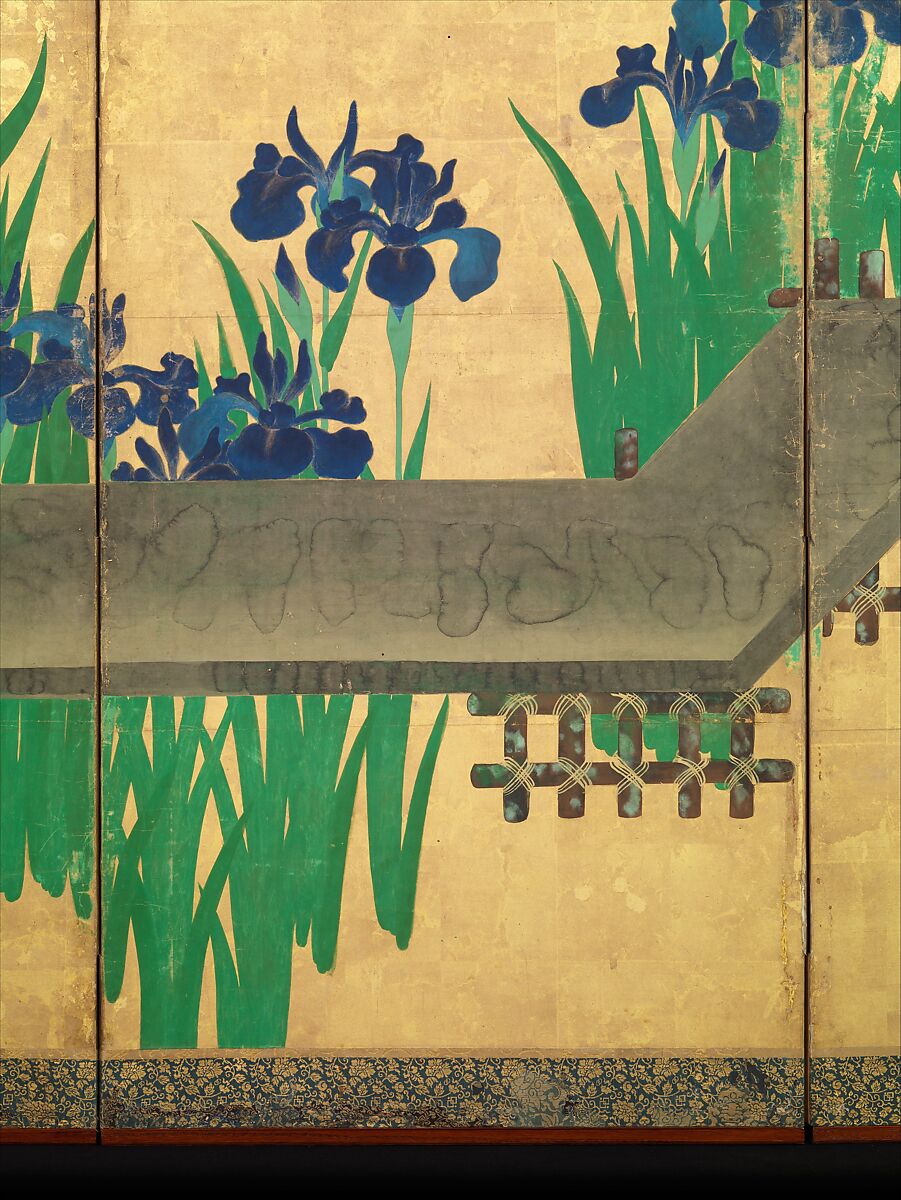 Irises at Yatsuhashi (Eight Bridges), Ogata Kōrin (Japanese, 1658–1716), Pair of six-panel folding screens; ink and color on gold leaf on paper , Japan
