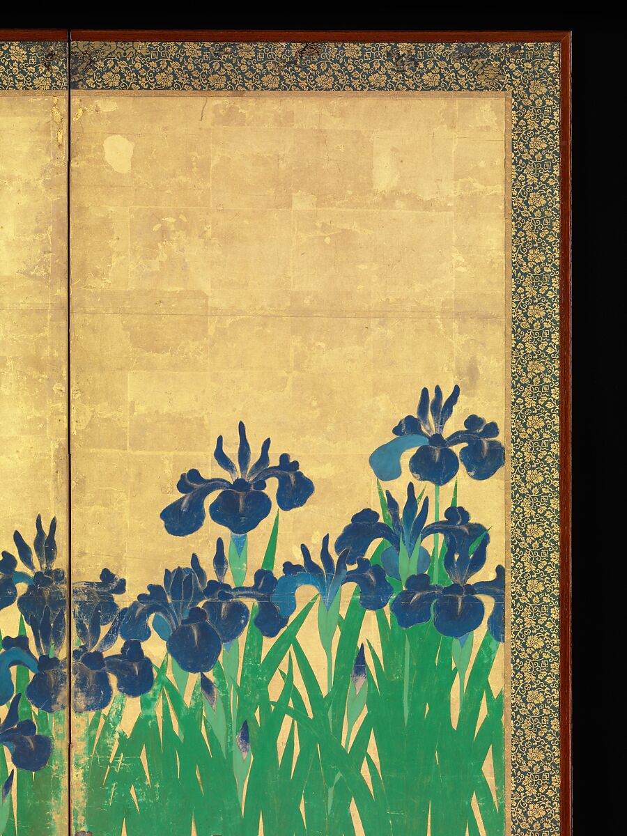 Irises at Yatsuhashi (Eight Bridges), Ogata Kōrin (Japanese, 1658–1716), Pair of six-panel folding screens; ink and color on gold leaf on paper , Japan
