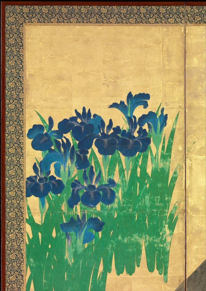 Irises at Yatsuhashi (Eight Bridges), Ogata Kōrin (Japanese, 1658–1716), Pair of six-panel folding screens; ink and color on gold leaf on paper , Japan