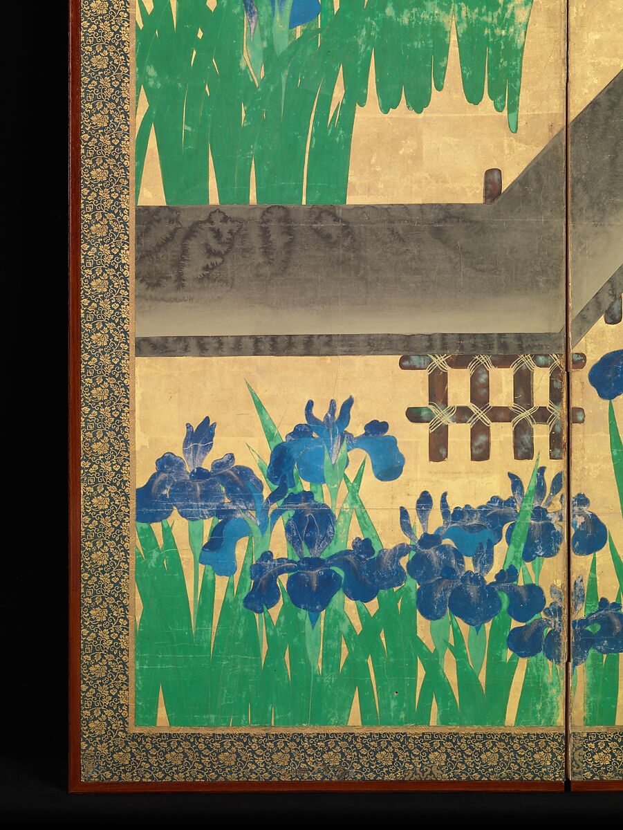 Irises at Yatsuhashi (Eight Bridges), Ogata Kōrin (Japanese, 1658–1716), Pair of six-panel folding screens; ink and color on gold leaf on paper , Japan