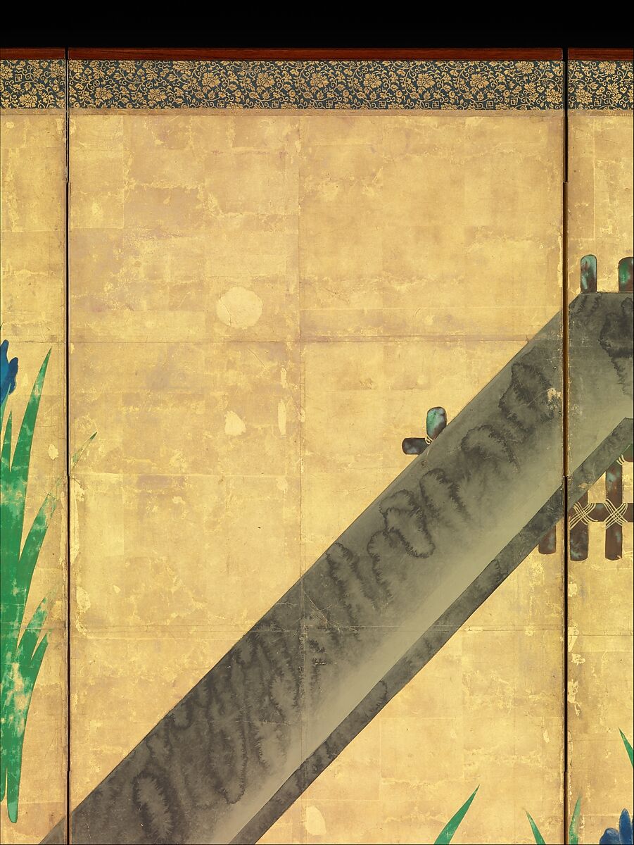Irises at Yatsuhashi (Eight Bridges), Ogata Kōrin (Japanese, 1658–1716), Pair of six-panel folding screens; ink and color on gold leaf on paper , Japan