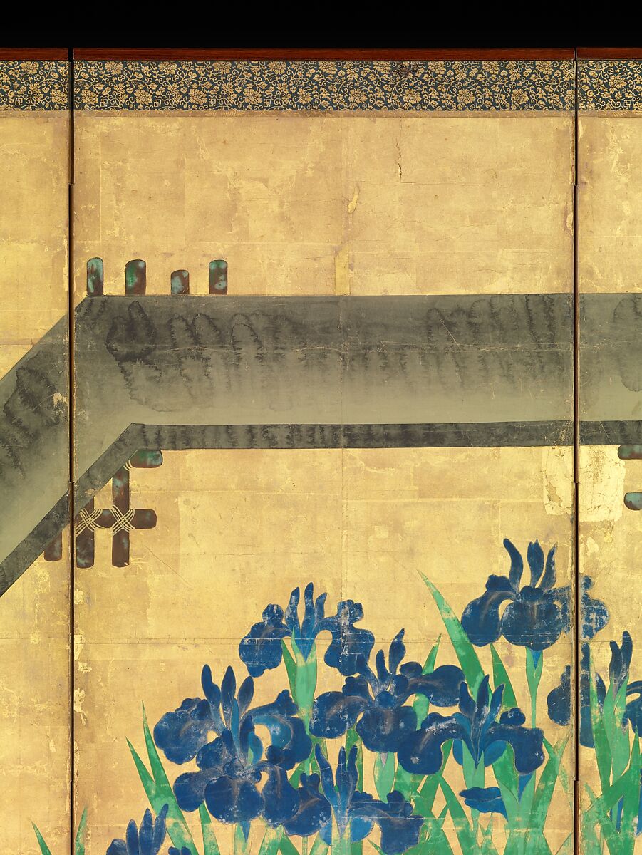 Irises at Yatsuhashi (Eight Bridges), Ogata Kōrin (Japanese, 1658–1716), Pair of six-panel folding screens; ink and color on gold leaf on paper , Japan
