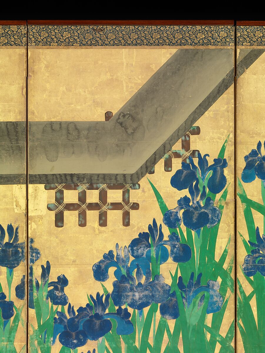 Irises at Yatsuhashi (Eight Bridges), Ogata Kōrin (Japanese, 1658–1716), Pair of six-panel folding screens; ink and color on gold leaf on paper , Japan