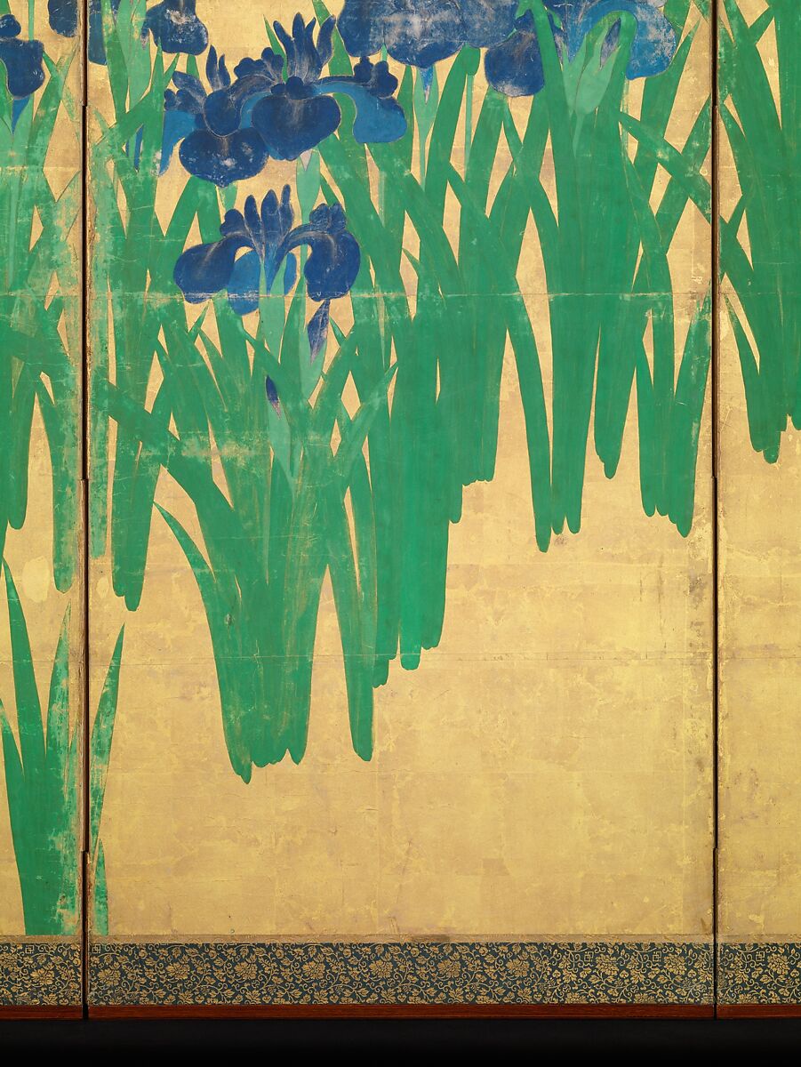 Irises at Yatsuhashi (Eight Bridges), Ogata Kōrin (Japanese, 1658–1716), Pair of six-panel folding screens; ink and color on gold leaf on paper , Japan