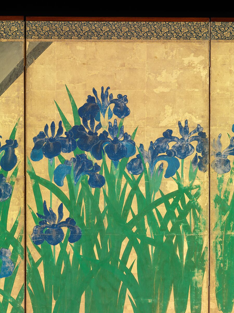 Irises at Yatsuhashi (Eight Bridges), Ogata Kōrin (Japanese, 1658–1716), Pair of six-panel folding screens; ink and color on gold leaf on paper , Japan